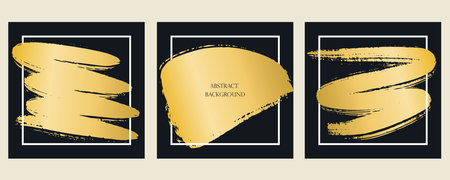 Collage of square backgrounds with abstract gold spots. Brush strokes of golden paint on black background. Set of templates for social media posters, advertising, brochures, announcements. Vector graphicsのイラスト素材