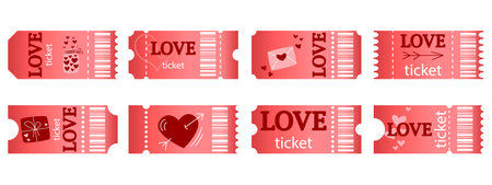 Set of romantic theme coupons and tickets for Valentine's Day, wedding or party. Design of tear-off tickets on the theme of love. Cute heart collection, vector graphicsのイラスト素材
