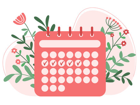 Female calendar for tracking menstruation or ovulation. Illustration calendar page with date boxes and check marks. Monthly female planning hygiene page, decorated with flowers and herbs. Vector graphicsのイラスト素材