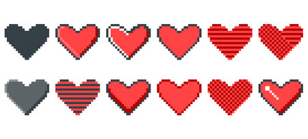 Set of hearts pixel art. Red black love heart icon 8 bit. Retro style game icon of life, health, emotion. Vector graphicsのイラスト素材
