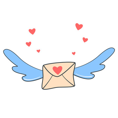 Flying letter on wings surrounded by hearts clip art. Love message for valentine's day or wedding. Cute love message sign, vector elementのイラスト素材