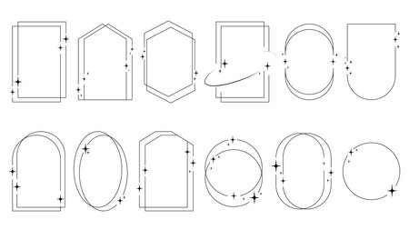 Set of trendy frames with stars. Thin black line, variation of shape frame with sparkles. Completely minimalistic starry templates, vector graphicsのイラスト素材