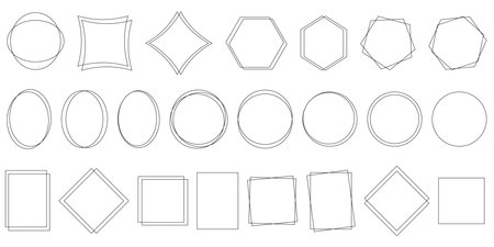 Set of simple geometric frames of different shapes. Thin line square, rectangle, circle, oval, rhombus. Monochrome basic framing shapes for design, vector elementsのイラスト素材