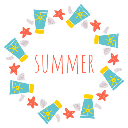 Round summer frame made of seashells and sunscreen tubes. Word summer in circle. Cute vacation...