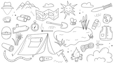 Hand drawn camping set. Icons of equipment, nature, food and development in hike doodle sketch style. Hiking, exploration walk in nature, vector elementsのイラスト素材