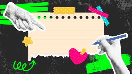 On dark grunge background, hand points to torn sheet of paper. Collage in retro style with halftone elements. Composite poster take notes with stickers, sticky tape and brush strokes. Vector graphicsのイラスト素材
