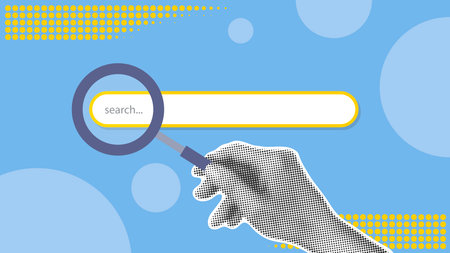 Hand points magnifying glass at search line on website. Contemporary trendy search poster with halftone effect elements. Vector graphicsのイラスト素材