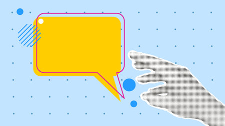 Trendy poster with hand in halftone style on the topic of sending messages. Conduct correspondence, give comment, place an ad concept. Horizontal banner, vector graphicsのイラスト素材
