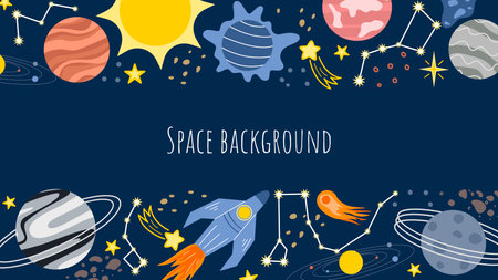 Cosmos template with space for text. Blue background with planets, sun, stars, space dust and meteors. Astronomy space horizontal banner, vector graphicsのイラスト素材