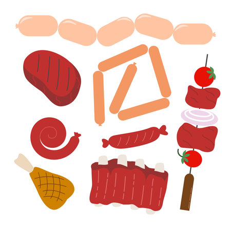 Meat products for grill set. Piece of meat, steak, sausages, chicken leg, sausage in ring, frankfurters, ribs clip art. Vector elementsのイラスト素材