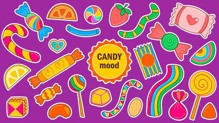 Bright stickers candy mood set. Caramel, lollipops, chewing gum, lollipops and chocolates. Colorful kids sweets collection, vector graphicsのイラスト素材