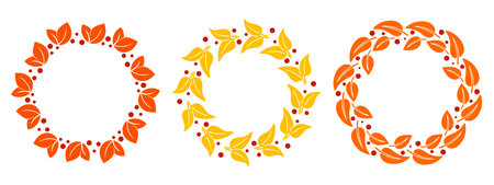 Set of autumn wreaths made of yellowed leaves and berries. Round fall border. Colorful seasonal foliage ring, vector graphicのイラスト素材