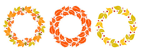 Yellow, orange, brown, red leaves create round autumn wreaths. Botanical seasonal rings set. Circular fall foliage and berries shapes, vector graphicのイラスト素材