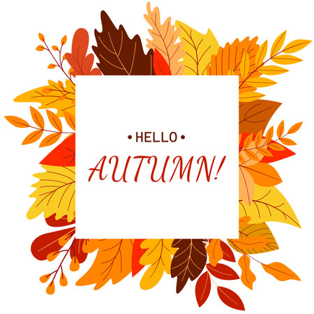 Hello autumn greeting seasonal card. Square frame of colorful falling leaves and text. Letters in square shape foliage, vector graphicのイラスト素材