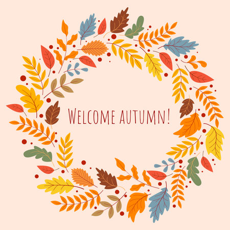 Welcome autumn cozy seasonal card with foliate wreath. Cute circular frame design of leaves and berries with welcome text. Fall template, vector graphicのイラスト素材