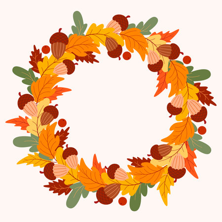 Ornate autumn wreath with leaves, acorns and berries. Colorful seasonal fall botanical round frame. Oak leaf circle border with copy space, vector graphicのイラスト素材