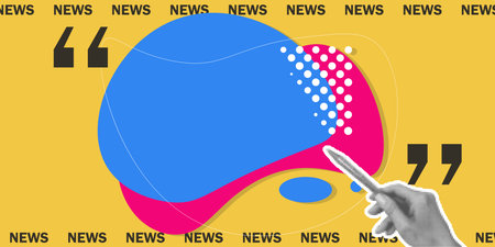 Vibrant news banner in modern style. Collage with halftone elements in the style of newspaper clipping. Hand points to news block. Vector graphicsのイラスト素材