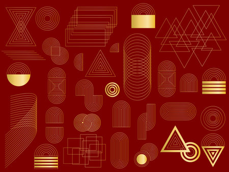 Set of gold geometric elements on red background. Circles, squares, rectangles, triangles, their connections clip art. Golden Art Deco symbols for design, vector graphicsのイラスト素材