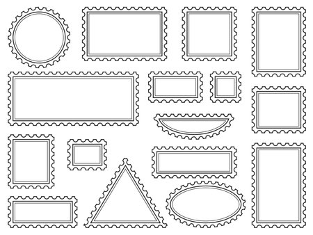 Blank postage stamps set. Stickers of various shapes with torn edges. Black frame outline. Stamp template for letter or parcel, vector graphicsのイラスト素材