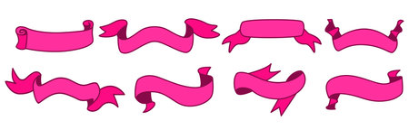 Set of bright pink ribbons for Valentine's Day. Girly cute ribbon emblems with space for text. Clip art of swirls, flags, and tags, vector elementsのイラスト素材