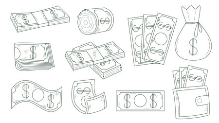 Set of line illustrations on theme of cash. Dollars in bundle, twisted bills, folded banknotes, wallet with money clip art. Black outline doodle sketch style icons finance, vector elementsのイラスト素材