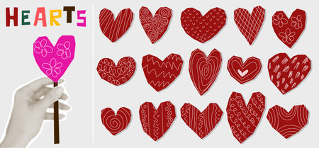Set of hearts in style of cut paper shapes. Hand drawn messy hearts with jagged edges, decorated with patterns. Stickers for Valentines Day collages, romantic, and love designs. Vector elementsのイラスト素材