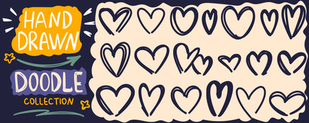Hand drawn doodle set of hearts. Ink simple, casual icons of love symbols. Graphic elements for notes, diary, and collage. Vector, sketchのイラスト素材