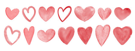 Set of watercolor red hearts. Paint splashes create heart shapes. Symbolic of romantic and loving relationships, mood, atmosphere. For weddings and Valentine's Day. Vector graphicsのイラスト素材