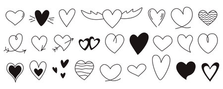 Collection of hand drawn ink hearts. Hearts of various shapes and sizes in doodle sketch style. Clip art elements, symbols of love and romance. Vector graphicsのイラスト素材