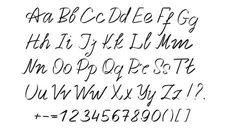 Handwritten font. Letters and numbers of the Latin alphabet. Light slanted text. Vector graphicsのイラスト素材