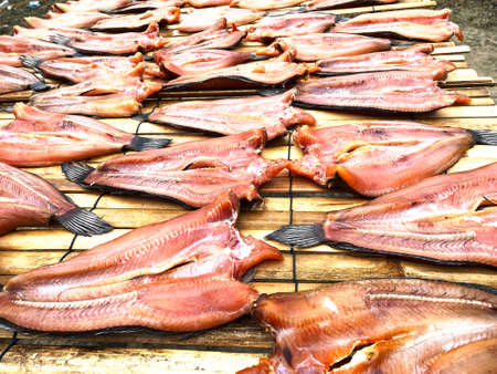 Dried common snakehead fish in the open market, Thailand. Asian Food Style.の写真素材