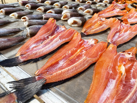 Dried common snakehead fish in the open market, Thailand.