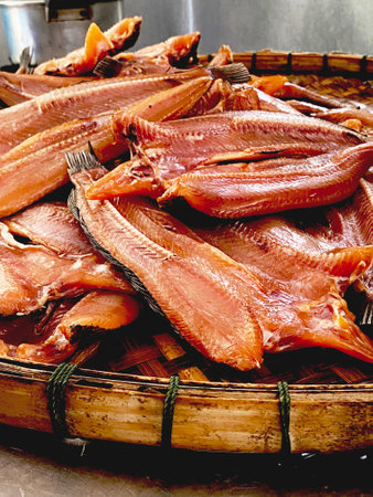 Dried common snakehead fish in the open market, Thailandの写真素材