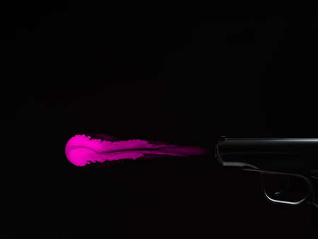 black silhouette of a pistol, a jet of pink paint erupts from the barrel of the pistol