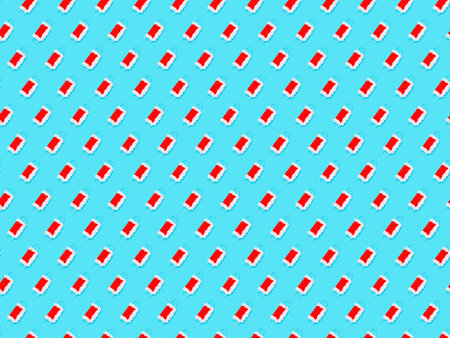 seamless pattern of red protective mask for Santa Claus with white textured fur on a blue background, small partsの写真素材