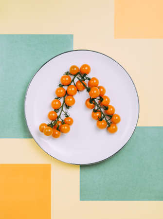 orange cherry tomatoes on branches on a white plate, background from colored paper rectangles of green and yellow, flat layの写真素材