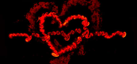 Fluid art - Red fluid heart pierced with a red line on black background, made flowing ink. Red smoke...