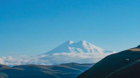 Mount Elbrus, landscape at sunset. View of the highest mountain of the Caucasian ridge-Elbrus....