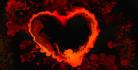 Fluid art - Red fluid heart pierced on black background, made flowing ink. Red smoke around the heart.の写真素材