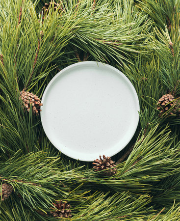 Pine branches with cones, white ceramic plate in the center, empty, copy space for text. Christmas frame with place for your text, templateの写真素材