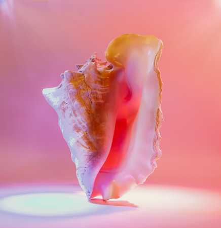 sea shell pink in neon light on stage, balanceの写真素材