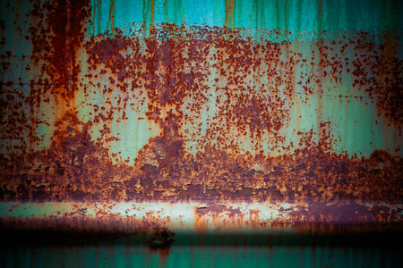Rusty metal background, texture. Iron background - wall of an old rusty freight car, green in color almost completely covered with brown rustの写真素材