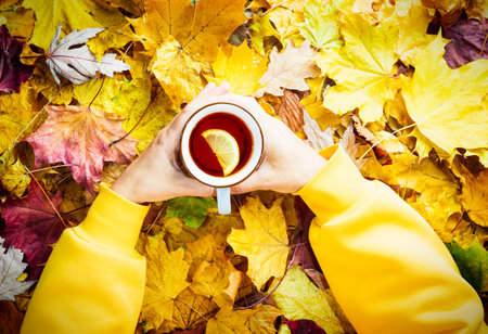Autumn concept - caucasian womans hands hold a mug of black tea with lemon on a carpet of fallen...