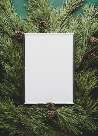 Pine branches with cones, silver picture frame with white paper in the center, empty, copy space for text. Christmas frame with place for your text, templateの写真素材