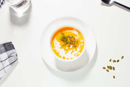 Pumpkin soup on a white table, with pumpkin seeds, napkin, flat lay