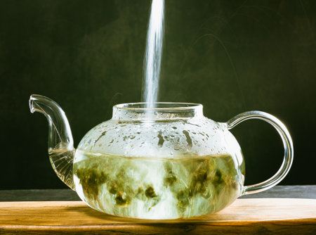 A beautiful glass teapot for brewing tea stands on a wooden board on a dark background, teapot is transparent. Hot water is poured into the kettle, green tea is brewed, long exposureの写真素材