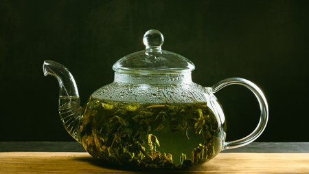 A glass teapot for brewing tea stands on a wooden board on a dark background, teapot is transparent, with a lid. Green tea is brewed in teapot, leaves unfurled beautifully in hot waterの写真素材