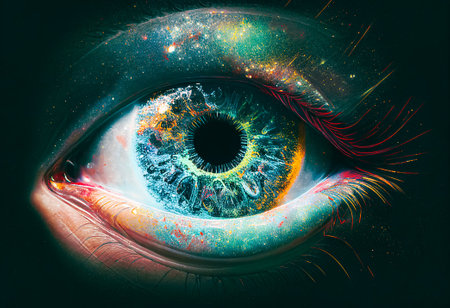Cosmic eye close-up, human eye with eyelashes, big bang reflection in the pupilの素材