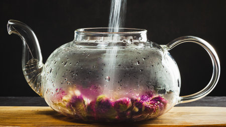 A beautiful glass teapot for brewing tea stands on a board on a dark background, the teapot is transparent. Hot water is poured into kettle, clover tea is brewed, effect of long exposureの写真素材