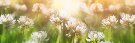 Beautiful summer banner - white clover in the sunの写真素材